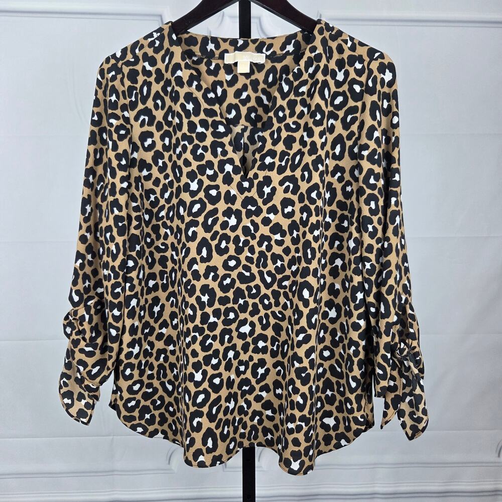 Michael Michael Kors Leopard Print Roll Tab Sleeve Blouse Top Women’s Large